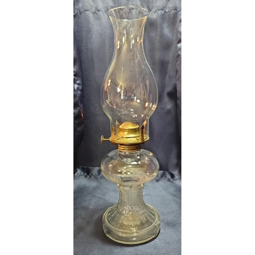Vintage Clear Hobnail Glass Kerosene Oil Lamp with Chimeny‎ shade; J-2090